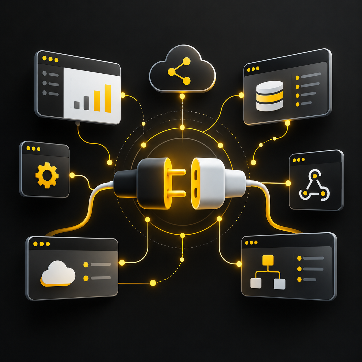 Black and yellow API integration graphic connecting business systems