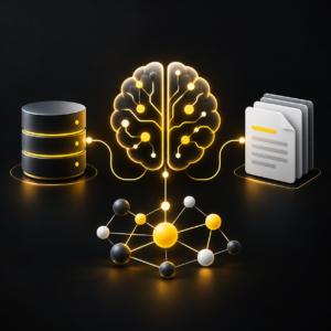 Black and yellow AI brain connected to a business knowledge database